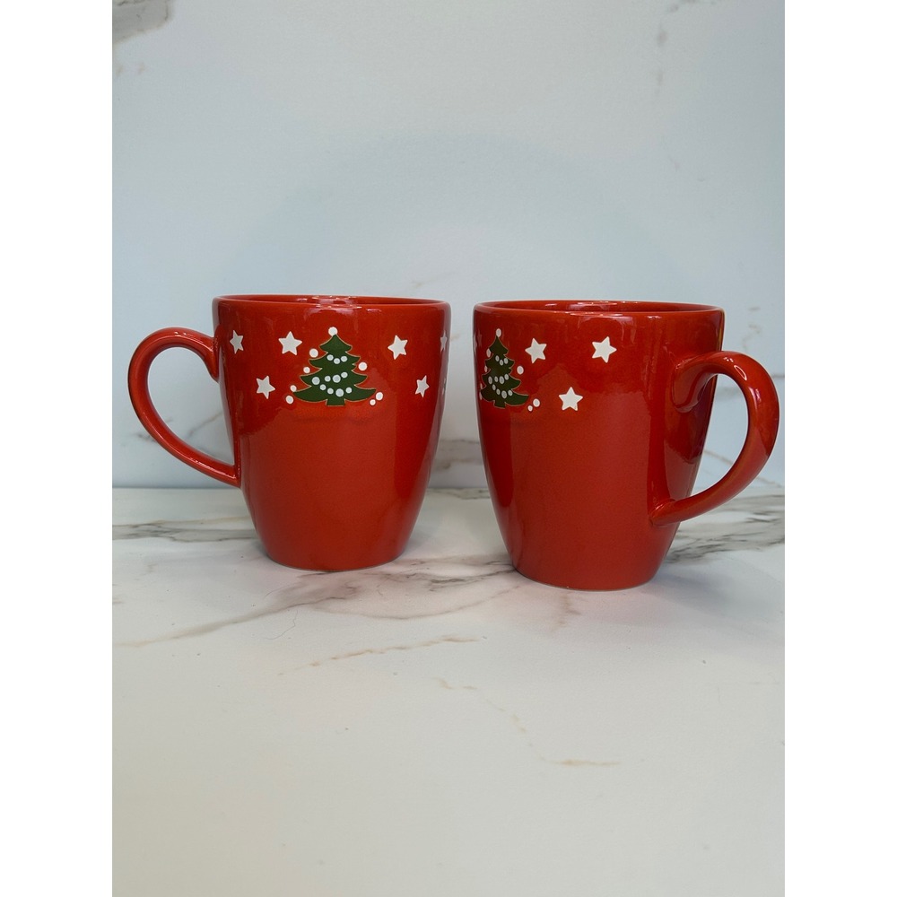 Waechtersbach Germany Christmas Tree Mugs Red Ceramic Set of 2 Vintage Holiday